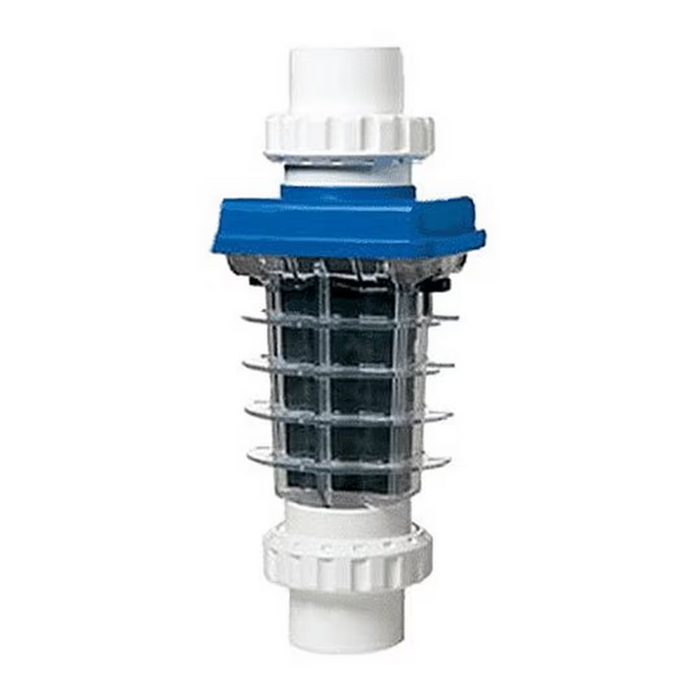 Solaxx Resilience A3 Replacement Salt Cell 20K gal CLG30A-010, featuring the brand's innovative design, showcases blue and white fittings with a transparent middle section against a plain background.