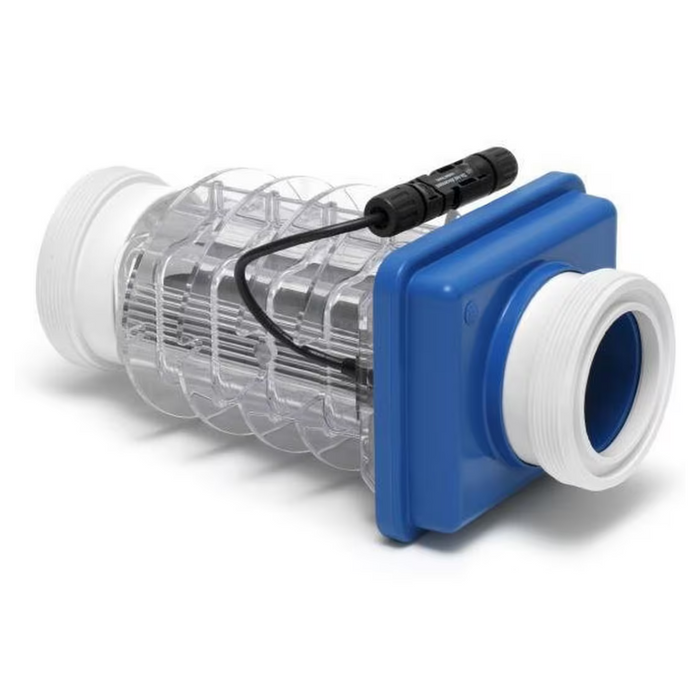 A transparent cylindrical Solaxx Resilience A3 Replacement Salt Cell for 20K gallons, with blue and white ends and a black connector on top for superior filtration.