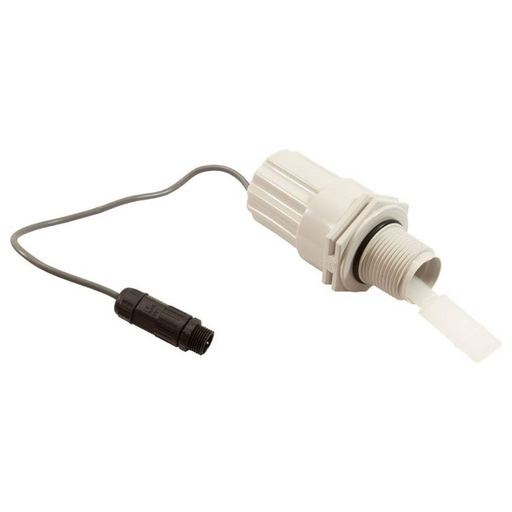 The Solaxx / PureChlor Flow Switch (model GNR00003) is a gray flow sensor with a cylindrical body, featuring a round connection, a connecting wire, and a black plug connector.