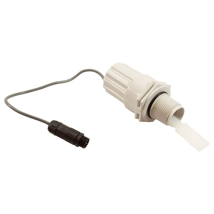 The Solaxx / PureChlor Flow Switch (model GNR00003) is a gray flow sensor with a cylindrical body, featuring a round connection, a connecting wire, and a black plug connector.
