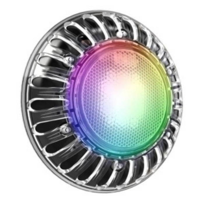 A round LED light with a metallic outer casing, emitting a rainbow-colored glow, perfect for Spa Electrics ATOM EM Niche Style 3" LED Pool Lights.