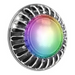 A round LED light with a metallic outer casing, emitting a rainbow-colored glow, perfect for Spa Electrics ATOM EM Niche Style 3" LED Pool Lights.