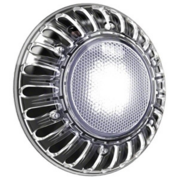 The Spa Electrics ATOM EM Niche Style 3" LED Pool Light boasts a hexagonal lens pattern and a sleek, ventilated metallic casing. It employs a high-intensity Ceramic Light Engine, seamlessly blending with Mini Niche-style LED pool lights to deliver both style and functionality.