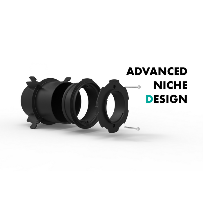 Exploded view of a black mechanical part with screws, accompanied by the text "ADVANCED NICHE DESIGN" and showcasing Spa Electrics ATOM EM Niche Style 3" LED Pool Lights.