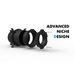 Exploded view of a black mechanical part with screws, accompanied by the text "ADVANCED NICHE DESIGN" and showcasing Spa Electrics ATOM EM Niche Style 3" LED Pool Lights.