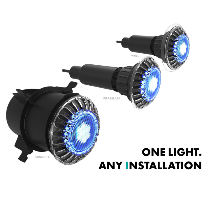 Three Spa Electrics ATOM EM Niche Style 3" LED Pool Lights with blue illumination, designed for installation in concrete, vinyl, and fiberglass surfaces. Featuring Spa Electrics' high-intensity Ceramic Light Engine. Text reads "ONE LIGHT. ANY INSTALLATION.