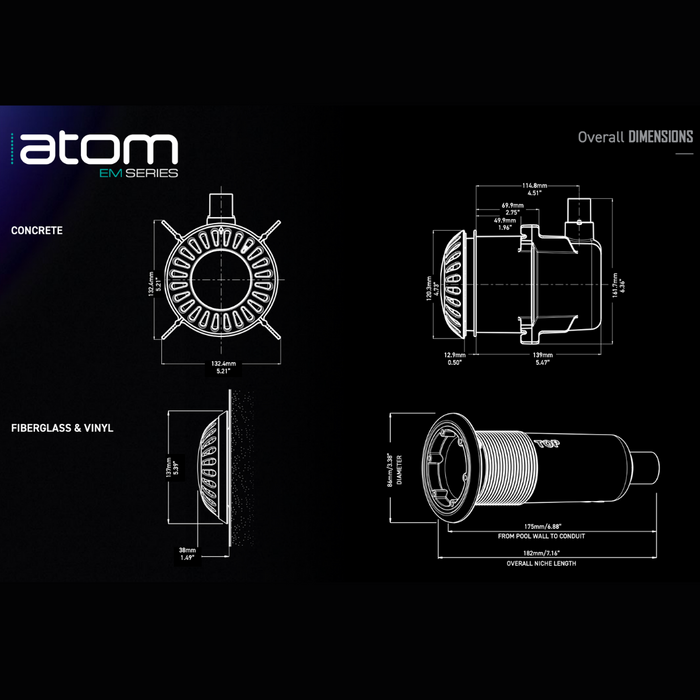 Technical diagram of the Spa Electrics ATOM EM Niche Style 3" LED Pool Lights, featuring dimensions and cross-sections for fiberglass, vinyl, and concrete pools. Includes details on high-intensity Ceramic Light Engine Mini Niche-style LED pool lights.