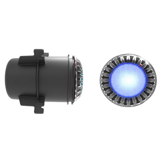 Front and side views of a modern, black cylindrical air vent with a blue illuminated center, reminiscent of the Spa Electrics ATOM EM Niche Style 3" LED Pool Lights by Spa Electrics.