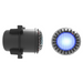 Front and side views of a modern, black cylindrical air vent with a blue illuminated center, reminiscent of the Spa Electrics ATOM EM Niche Style 3" LED Pool Lights by Spa Electrics.