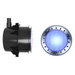 Side and front view of a black cylindrical device emitting a blue light, identified as the Spa Electrics QUANTUM WN Series 6" LED Pool Light Q6.