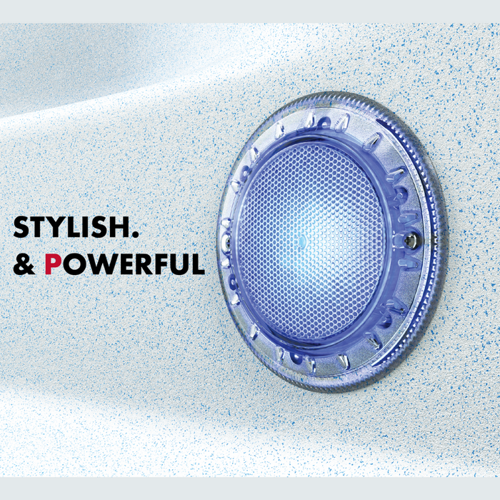 Close-up of a modern circular wall light from the Spa Electrics QUANTUM WN Series 6" LED Pool Lights Q6 with the text "Stylish & Powerful" on a speckled light background.
