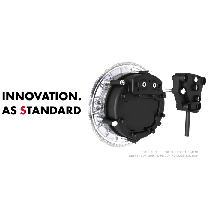 Close-up of a black mechanical component with a circular metal frame and text saying "INNOVATION. AS STANDARD." Featuring the Spa Electrics QUANTUM WN Series 6" LED Pool Lights Q6 with high-intensity Ceramic Light Engine.