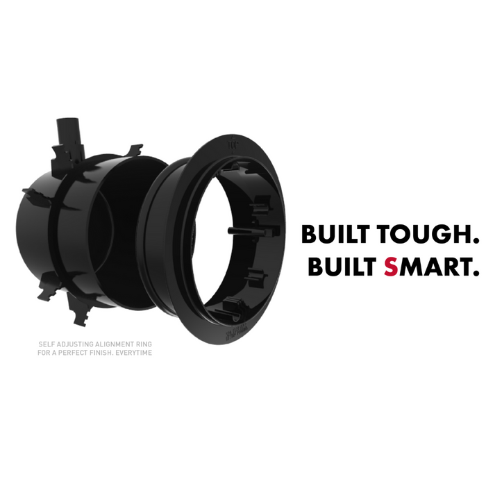 Plastic self-adjusting alignment ring, exploded view. Text reads "BUILT TOUGH. BUILT SMART." on the right, seamlessly integrating with our Spa Electrics QUANTUM WN Series 6" LED Pool Lights Q6 for a remarkable aquatic experience by Spa Electrics.
