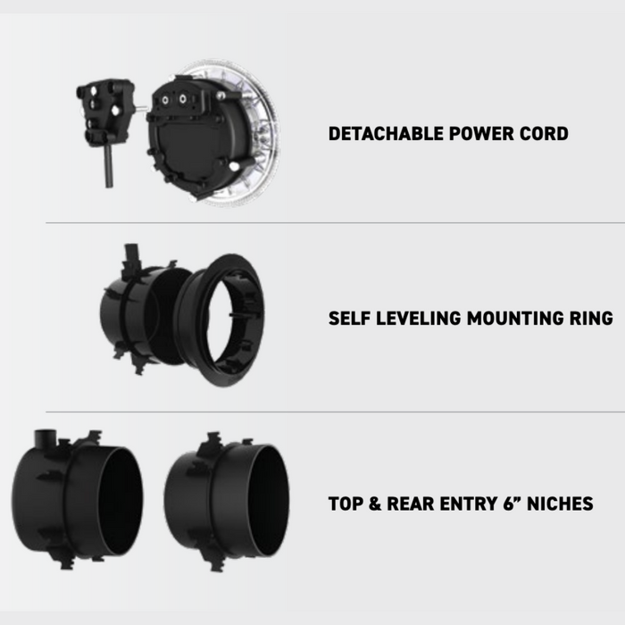 Introducing the Spa Electrics QUANTUM WN Series 6" LED Pool Lights Q6, featuring a detachable power cord, self-leveling mounting ring, and top & rear entry 6" niches. This underwater LED swimming pool light boasts a high-intensity Ceramic Light Engine for exceptional brightness and durability.