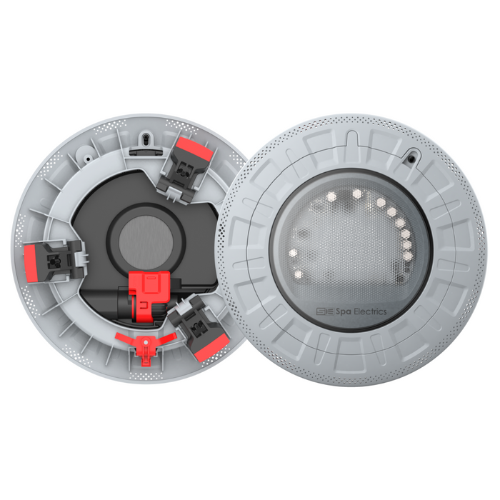 Two round, gray Spa Electrics RETRO R10 Universal 10" Retro-Fit Pool Lights with partially see-through housing and red clips feature a versatile front-facing and back-facing design. They offer flexible lighting options and easy installation via a Quick Connect Plug.