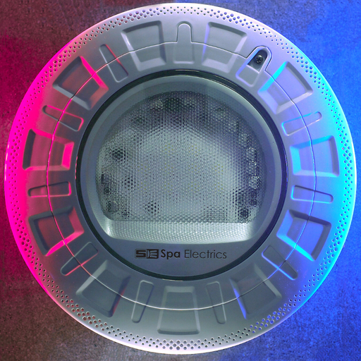 The Spa Electrics RETRO R10 Universal 10" Retro-Fit Pool Lights, branded by Spa Electrics, feature a metallic housing and rainbow-colored LED lights with a Quick Connect Plug for easy installation.