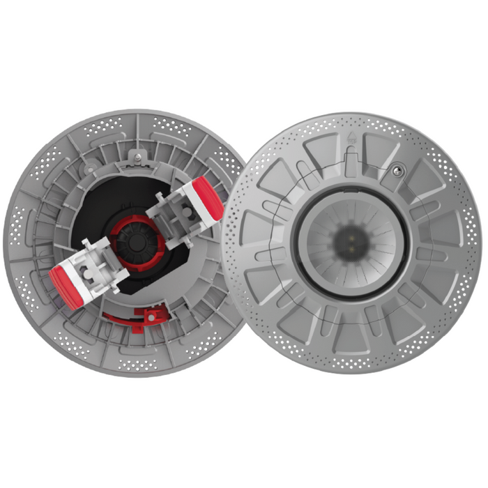 Two circular mechanical components in gray with red accents, displayed from both the side and front views, showcase the retro aesthetic of the Spa Electrics RETRO R6 Universal 6" Retro-Fit Pool Light.