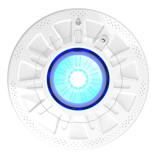 A white circular ceiling light fixture with a blue center glow, incorporating Spa Electrics' UL Certified Ceramic Light Engine for enhanced durability.