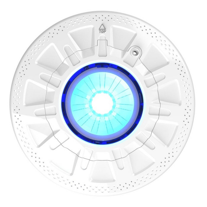 A white circular ceiling light fixture with a blue center glow, incorporating Spa Electrics' UL Certified Ceramic Light Engine for enhanced durability.
