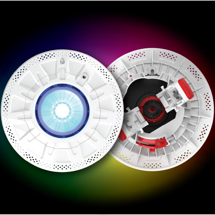A pair of circular LED lights featuring intricate designs, from the Spa Electrics RETRO R6 Universal 6" Retro-Fit Pool Light series, with one illuminated in blue while the other remains unlit against a gradient background.