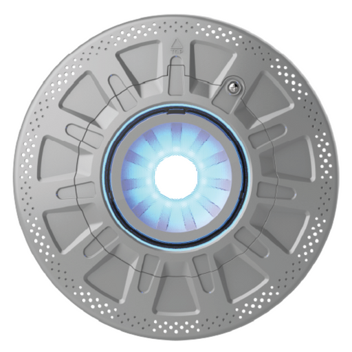 Close-up of a futuristic, circular metallic device with a glowing blue center, reminiscent of the Spa Electrics RETRO R6 Universal 6" Retro-Fit Pool Light.