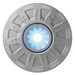 Close-up of a futuristic, circular metallic device with a glowing blue center, reminiscent of the Spa Electrics RETRO R6 Universal 6" Retro-Fit Pool Light.