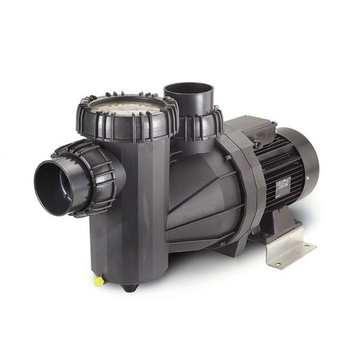 The Speck 10HP 95-XI Single Speed Commercial Pump IG273-1100F-000 is a high-flow, black electric water pump with cylindrical pipes and a transparent top cover, making it perfect for pool maintenance.
