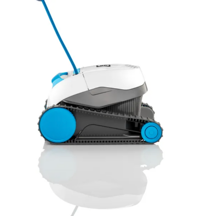 Side view of the Hayward R110 Robotic Cleaner designed for pools up to 33', showcasing its blue and white colors against a white background, and featuring Smart Navigation for efficient cleaning.