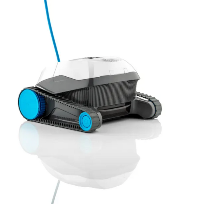 A Hayward R110 Robotic Cleaner for pools up to 33 feet, showcasing its white and gray design with blue treads on the wheels and Smart Navigation technology, set against a plain white background.