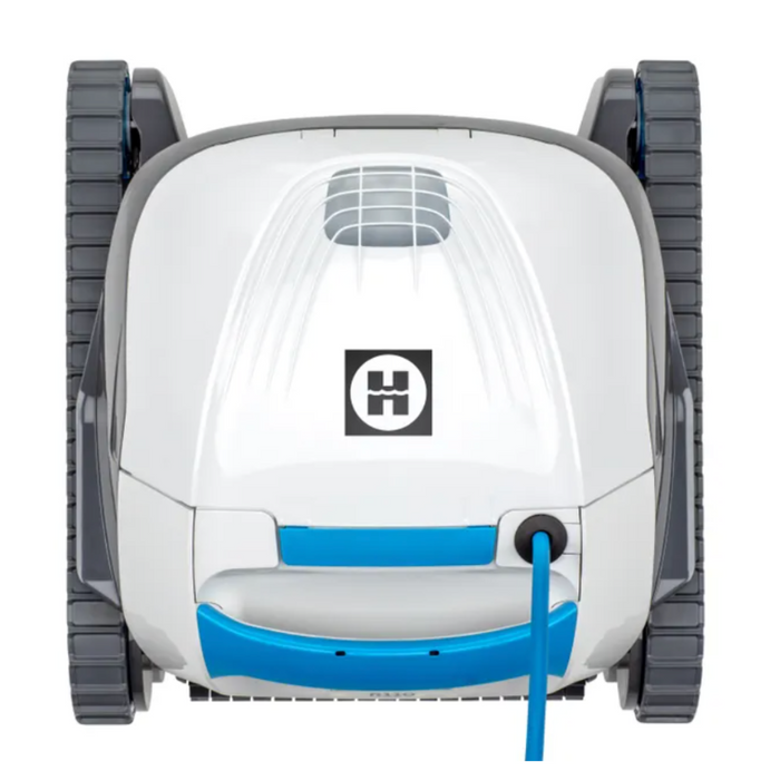 Top view of the Hayward R110 Robotic Cleaner - Up to 33' Pool, a white and blue device from Hayward featuring Smart Navigation, grooved wheels, and an attached power cord.