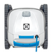 Top view of the Hayward R110 Robotic Cleaner - Up to 33' Pool, a white and blue device from Hayward featuring Smart Navigation, grooved wheels, and an attached power cord.