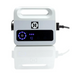 A white Hayward R110 Robotic Cleaner with a handle, control panel, and illuminated power button, plugged into a power source. Featuring smart navigation technology similar to robotic vacuums, it ensures efficient and user-friendly operation for pools up to 33 feet.