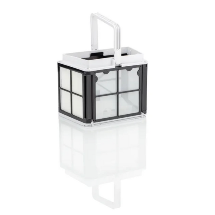 The Hayward R110 Robotic Cleaner, designed for pools up to 33 feet, showcases the precision of smart navigation with its sleek black-and-white design and convenient handle, resembling a mini crate.