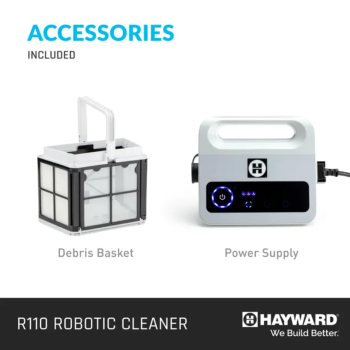 Image of the Hayward R110 Robotic Cleaner - Up to 33' Pool by Hayward, featuring Smart Navigation. Shown accessories include a debris basket and a power supply unit.