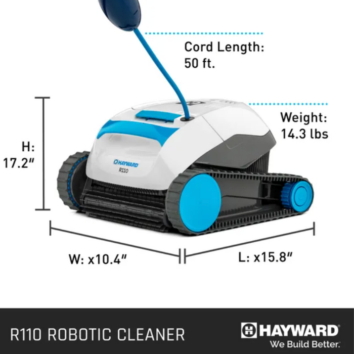 The Hayward R110 Robotic Cleaner for pools up to 33 feet, boasting smart navigation and stylish blue accents, is equipped with a 50-foot cord. Its dimensions are 17.2"H x 10.4"W x 15.8"L, and it weighs just 14.3 lbs—making it a standout in pool cleaners.