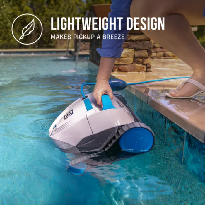 A person lifts the Hayward R110 Robotic Cleaner out of the swimming pool with the text "Lightweight design and smart navigation make pickup a breeze.