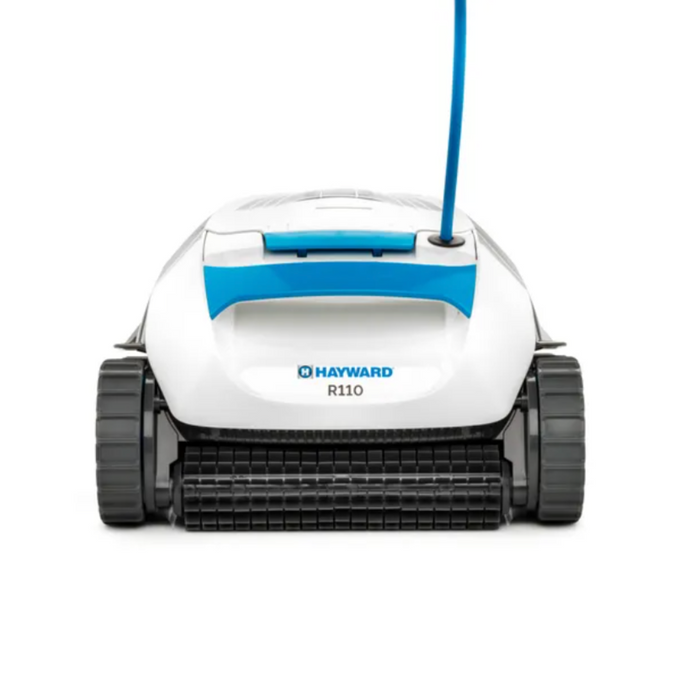 Front view of a white and blue Hayward R110 Robotic Cleaner - Up to 33' Pool featuring black wheels and a blue cord attached on top, highlighting its smart navigation technology that distinguishes it from other robotic vacuums.