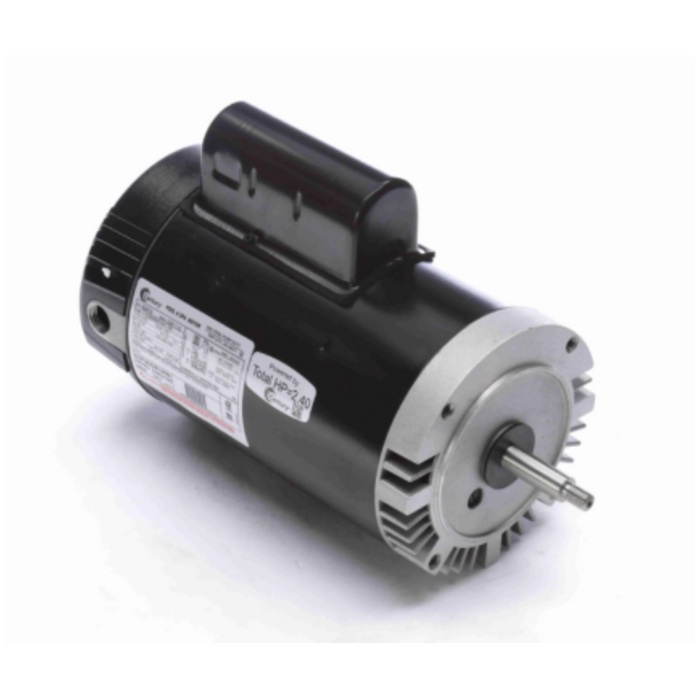 The Century 2.0HP Pump Motor 1 Ph 230V Y56J B2979 by Century features a black and silver design with a stainless steel shaft and a mounted box on top, complemented by sealed ball bearings for enhanced energy efficiency and durability.