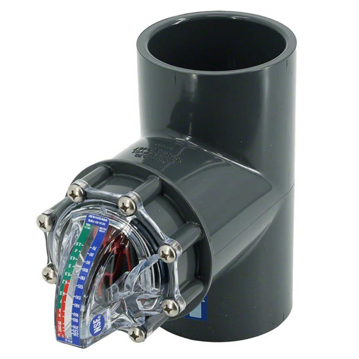Introducing the H2flow Controls' H2flow FV-4 4" FlowVis Flowmeter Check Valve FV4, a gray PVC pipe fitting with an integrated, multicolored FlowVis® flow meter for precise fluid flow measurement, perfect for pool and spa applications.