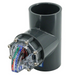 Introducing the H2flow Controls' H2flow FV-4 4" FlowVis Flowmeter Check Valve FV4, a gray PVC pipe fitting with an integrated, multicolored FlowVis® flow meter for precise fluid flow measurement, perfect for pool and spa applications.