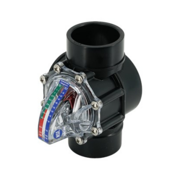 The H2flow FV-4 4" FlowVis Flowmeter Check Valve (FV4) by H2flow Controls is a black flow meter featuring a clear gauge that displays color-coded measurements in green, blue, and red, making it ideal for pool and spa applications.
