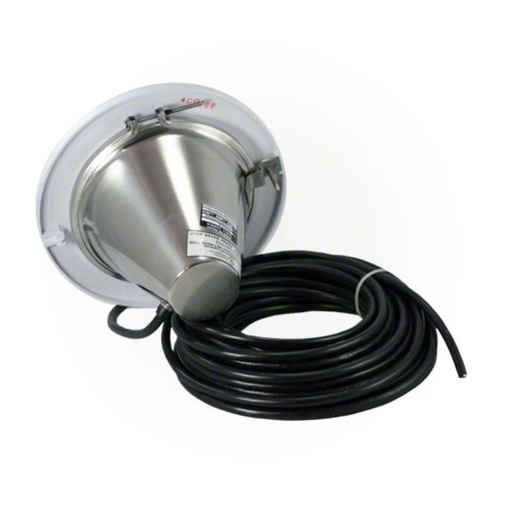 A Hayward W3SP0583L100 AstroLite Incandescent Pool Light, featuring a 500W/120V stainless steel conical device attached to a long black 100 ft cord with plastic trim, sits on a white surface, embodying the sleek design typical of modern pool lighting.