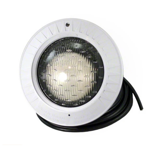 Introducing the Hayward W3SP0583L100 AstroLite Incandescent Pool Light, a 500W/120V round underwater light featuring a white plastic frame, transparent cover, and a convenient black cable with a generous 100-foot length. Perfect for enhancing your pool lighting setup.