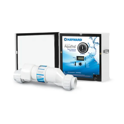 The Hayward W3AQ-TROL-RJ-TL AquaTrol Above Ground Salt System, featuring Return Jet Fittings and a Twist Lock Cord, with a control panel and connected white piping, is specifically designed for Above Ground Pools.