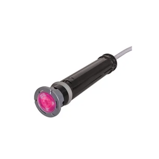 A black cylindrical Hayward W3LACUS11050 Colorlogic 320 Accent LED Pool Light, featuring a gray metal trim and a red lens, connected to a white cable for universal ColorLogic pool lighting.
