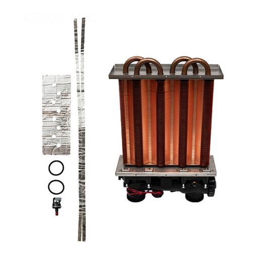 Radiator fin heater assembly with copper tubing, stainless steel strips, gaskets, and a small electronic component, resembling the efficiency of the Hayward FDXLHXA1200 Heat Exchanger Assembly H200FD 200K BTU.