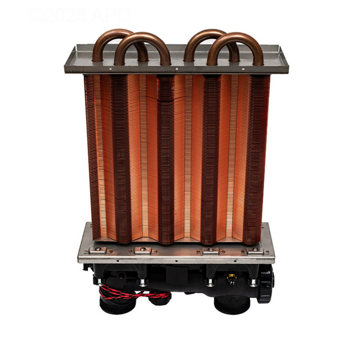 The Hayward FDXLHXA1200 Heat Exchanger Assembly H200FD 200K BTU, a Hayward-branded copper coil with multiple tubes and fins designed for Universal H-Series Low NOx applications, is mounted on a base equipped with wires and connectors.