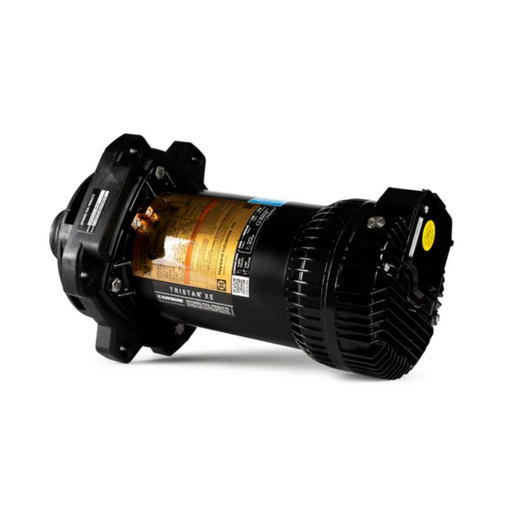 The Hayward SPX3210X15XEPE TriStar XE 1.85 HP Power End is a black electric motor featuring a cylindrical body with cooling fins and a TriStar XE label. Specifically designed for industrial use, it integrates seamlessly with Hayward XE Pumps to provide superior energy savings.