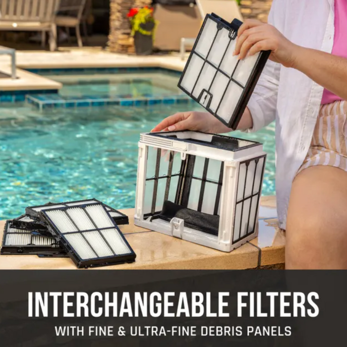 A person showcasing interchangeable pool filters with debris panels near a pool. Text: "INTERCHANGEABLE FILTERS." Perfect for use with the Hayward R130 Robotic Cleaner - Up to 50' Pool to ensure maximum efficiency.