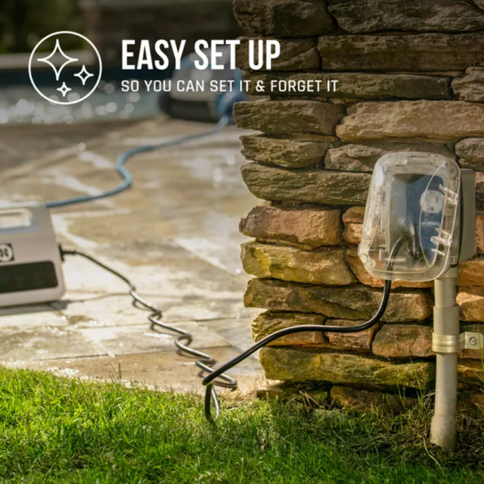 Pool equipment, including the Hayward R130 Robotic Cleaner for pools up to 50', plugged into an outdoor outlet with a protective cover next to a stone pillar. Text reads "Easy Set Up" for pool cleaners from Hayward.